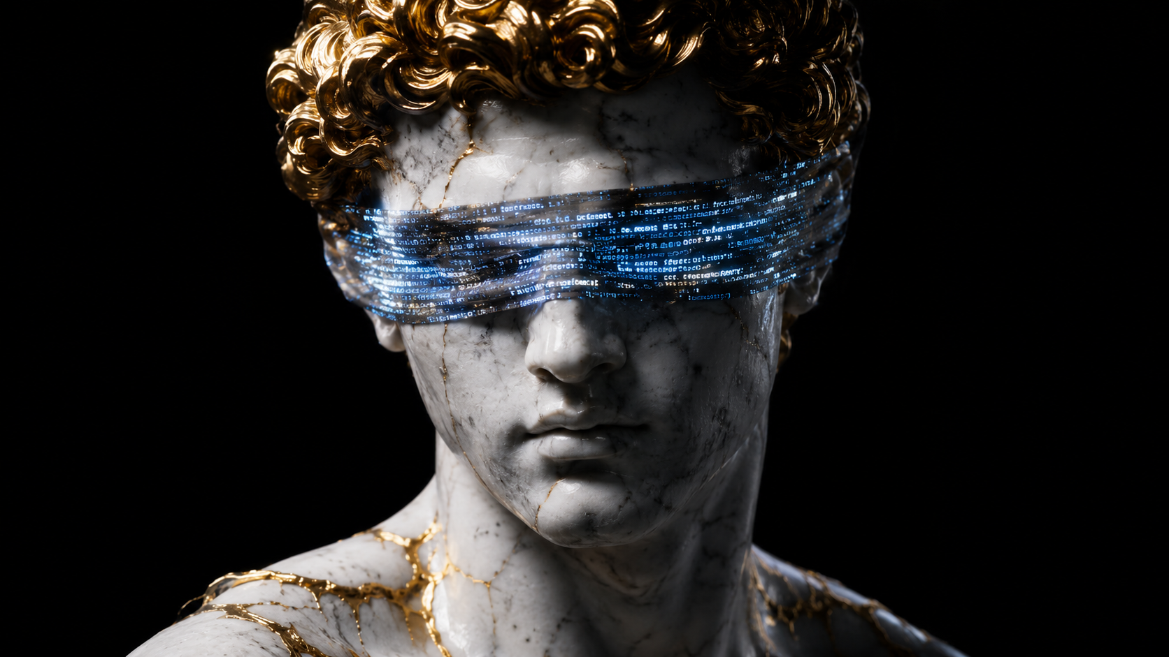 Marble and gold classical bust wearing a glowing blindfold made of streaming code